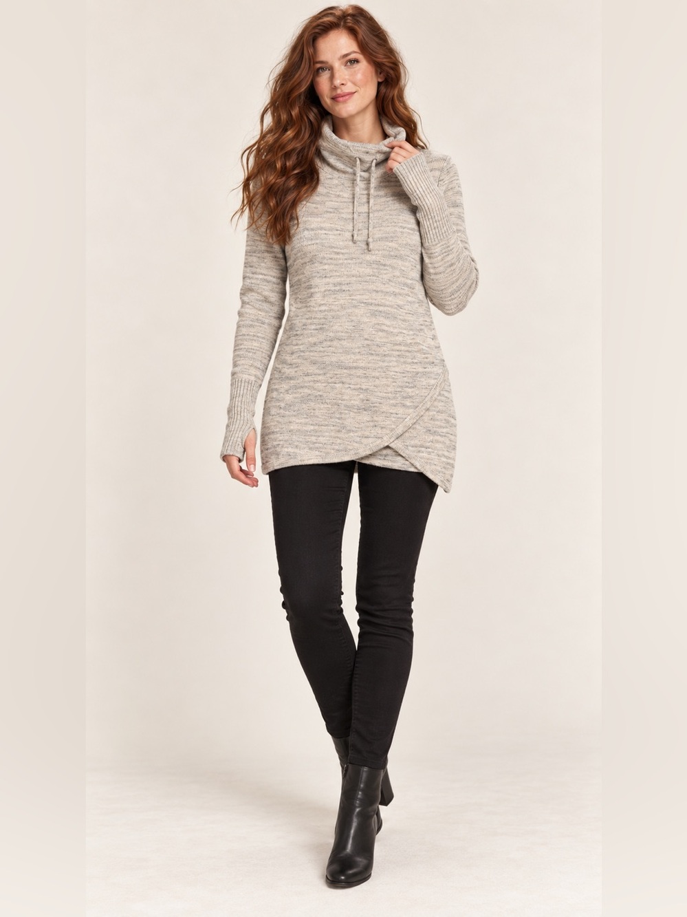 Akini Gray Cowl Neck Crossover Hem Sweater Tunic Size S